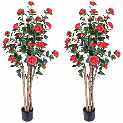 5ft Artificial Camellia Tree with Red Flowers - Potted Faux Indoor Outdoor Plant, Realistic Blooming Fake Tree, Home Decor