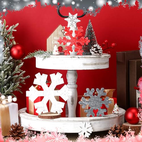 Wooden Snowflake Decor Set - Christmas Winter Holiday Ornaments - Gray & Red, Antique Style