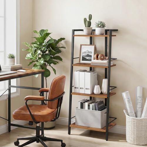 Rustic Brown 4-Tier Ladder Shelf Bookcase with Adjustable Feet