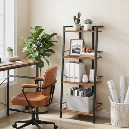 Rustic Brown 4-Tier Ladder Shelf Bookcase with Adjustable Feet