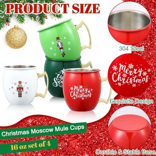 Nutcracker Christmas Mug Set - 4 Pcs 16 oz Moscow Mule Drinkware, Red White Green