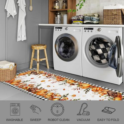 Orange and White Buffalo Plaid Fall Harvest Kitchen Runner Rug 2x6ft - Rustic Leaf Design