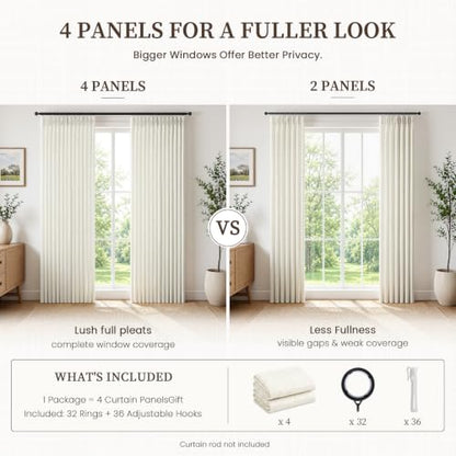 Pinch Pleated Linen Blend Curtains - 40x84 Natural Textured Home Drapes