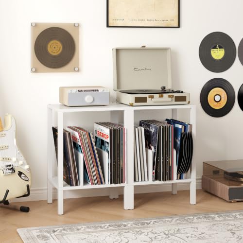 White 2-Tier Record Player Stand with Vinyl Storage - Multi-Functional Side Table