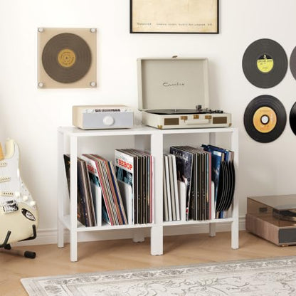 White 2-Tier Record Player Stand with Vinyl Storage - Multi-Functional Side Table