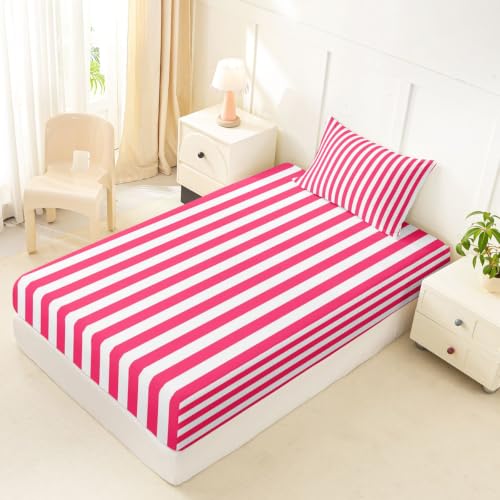 Kids Twin Size Red White Striped Fitted Sheet No Top Sheet - Elastic Corners