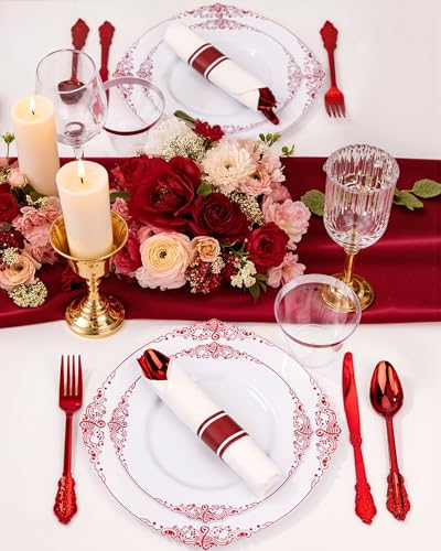Red Plastic Dinnerware Set for 25 Guests - Includes Plates, Cups, Napkins & Silverware with White and Red Design