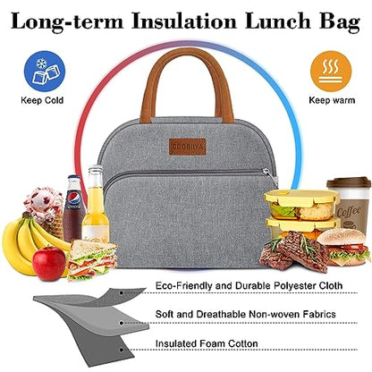 Coobiiya Lunch Bag Women, Lunch Box Lunch Bag for Women Adult Men, Small Leakproof Cute Lunch Tote Large Capacity Reusable Insulated Cooler Lunch Container for Work/Office/Picnic/Travel-Grey