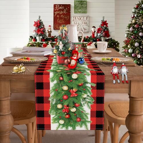 Christmas Garland Table Runner - Red & Black Buffalo Plaid, 13x90 Inches, Seasonal Holiday Decor