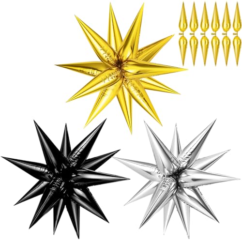 Black Gold Silver Foil Star Balloons Set - Conical Explosion Party Decor - Variation of THIS listing