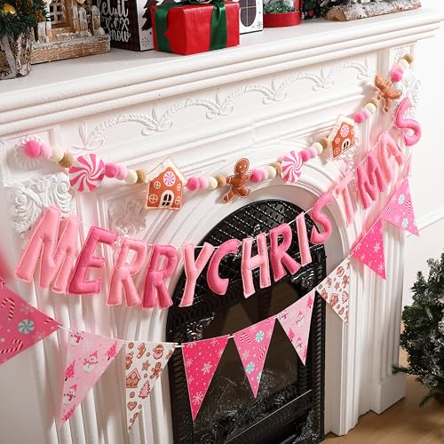 Christmas Felt Banner Set Pink White Gingerbread Holiday Decorations