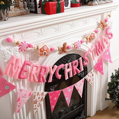 Christmas Felt Banner Set Pink White Gingerbread Holiday Decorations
