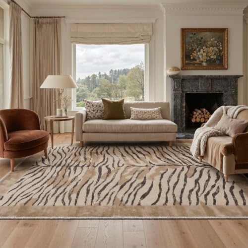 Beige and Brown Zebra Rug 9x12 Animal Print Washable Area Rug for Living Room Bedroom