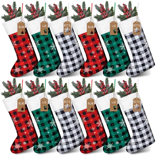 Christmas Stockings Bulk Set - Green, Red, White, 12 Pack, Cute Holiday Decor