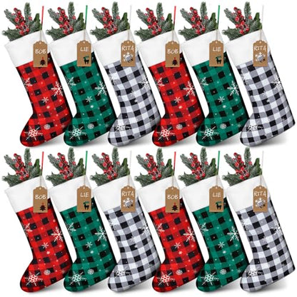 Christmas Stockings Bulk Set - Green, Red, White, 12 Pack, Cute Holiday Decor