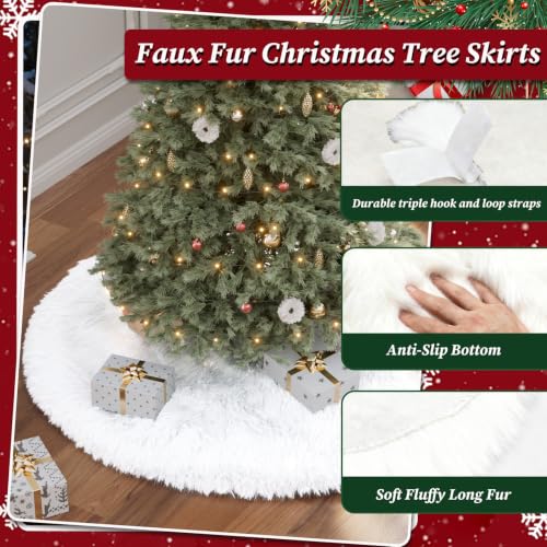 Upgraded White Faux Fur Christmas Tree Skirt - 60 Inch Plush Xmas Base Cover