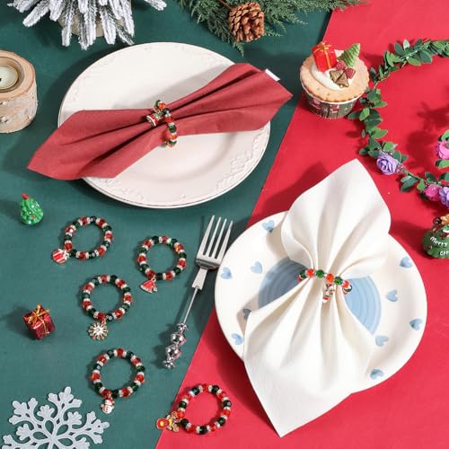 Christmas Beaded Napkin Rings Set - Red & Green Snowman Bell Charms, 8 Pieces - Holiday Table Decor