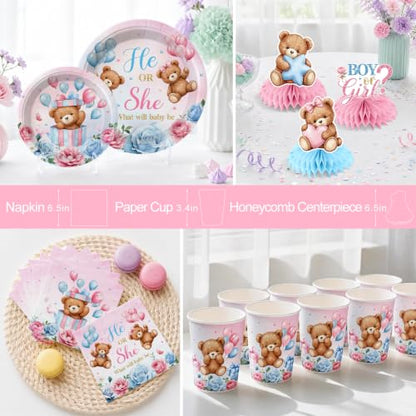 Brown Bear Gender Reveal Decorations Tableware Set - 205pcs for 25 Guests