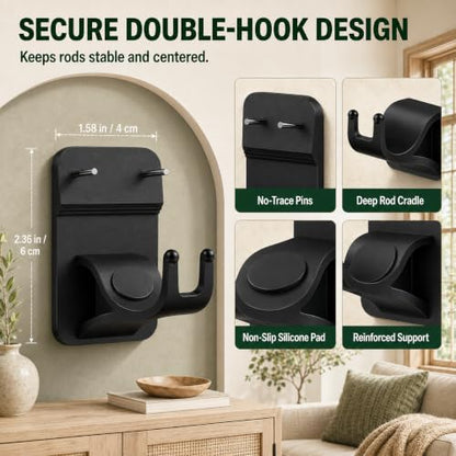 Black 8-Pack No Drill Curtain Rod Brackets with 30 lb Support - Dual-Lock Hooks