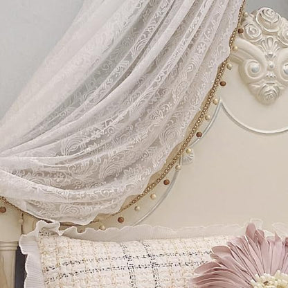 Princess Bed Canopy Double Layer Lace Bed Curtain with Metal Crown Frame - White+Pink