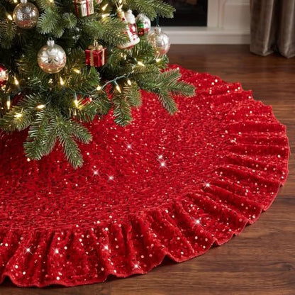 Red Small Ruffled Christmas Tree Skirt 36 Inch for 3-5 Ft Trees - Velvet & Sequin