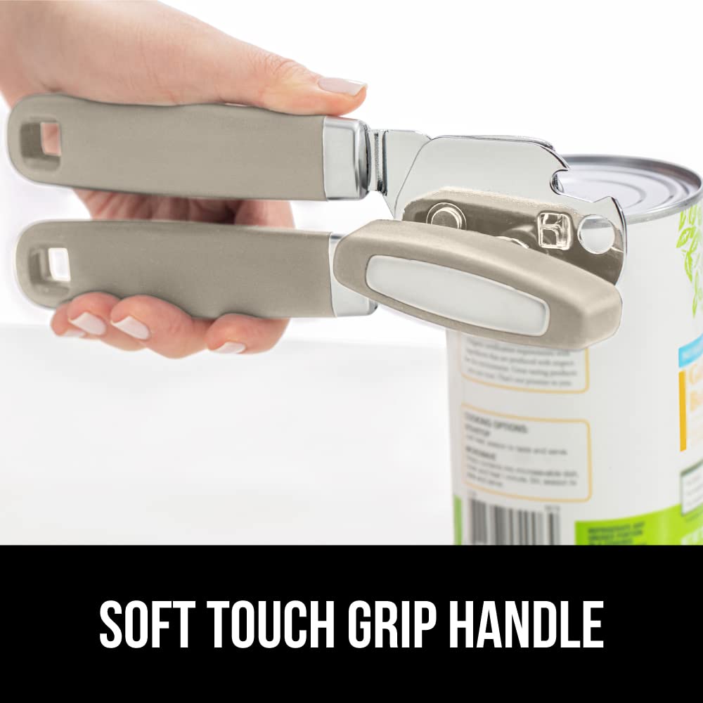 The Original Gorilla Grip Heavy Duty Stainless Steel Smooth Edge Manual Hand Held Can Opener With Soft Touch Handle, Rust Proof Oversized Handheld Easy Turn Knob, Large Lid Openers, Almond