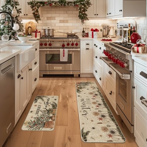 Christmas Holly Ornament Kitchen Mats Set of 2 Beige 17x29 & 17x59 Inches