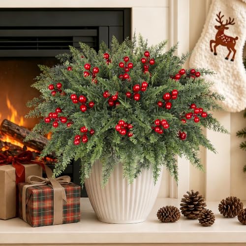 Artificial Christmas Norfolk Pine & Red Berry Stems - Green - 6 Bundles