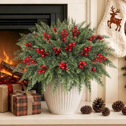 Artificial Christmas Norfolk Pine & Red Berry Stems - Green - 6 Bundles