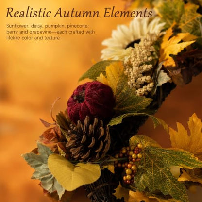 6FT Fall Garland with Lights Sunflower Pumpkin Berry Pinecone Decor for Autumn
