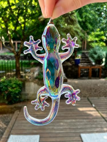 Opalescent Crystal Gecko Ornament Handblown Glass Holiday Decor