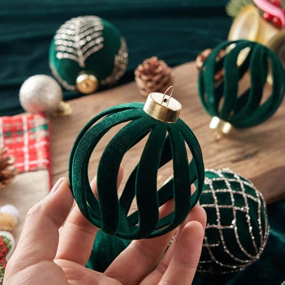 Christmas Balls Ornaments Set 12 Pcs White Flocked Decorations for Xmas Tree Holiday Wreath (Christmas Green & Gold)