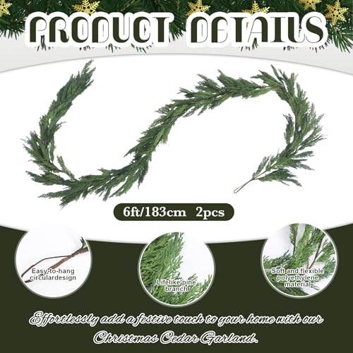 Artificial Christmas Cedar Garland 2 Pcs 6 ft - Realistic Faux Evergreen Decor
