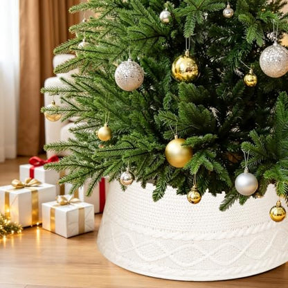 White Knit Christmas Tree Collar 24-28 Inch Tree Base Cover Ring - Holiday Decor