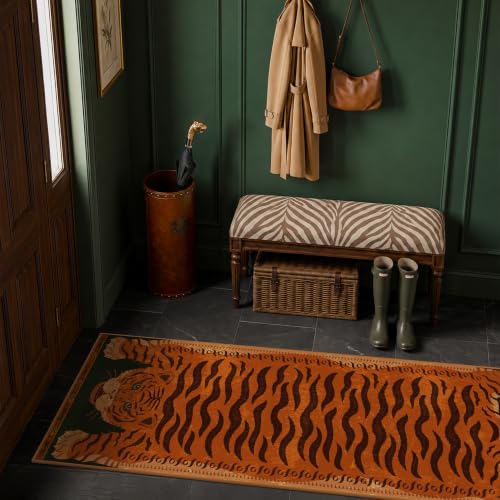 Vintage Tiger Runner Rug 2x6 - Washable Animal Print Entryway Carpet with Burnt Orange & Green Variation