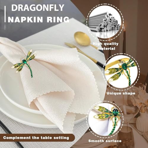 Set of 4 Green Dragonfly Napkin Rings - Elegant Metal Table Decor for Holidays