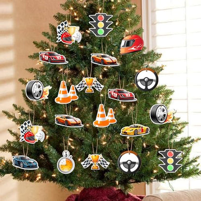 Wooden Race Car Holiday Ornaments Set - 24 Car-Themed Hanging Decor for Tree, Home & Party