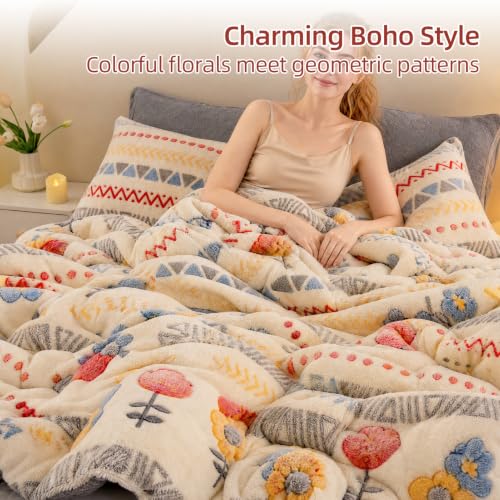 Queen Boho Floral Plush Comforter - Warm & Fluffy Winter Bedding