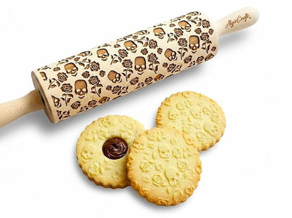 Skull Roses Embossed Rolling Pin – Beech Wood Dough Roller (7.9" Embossing Surface) - Halloween Cookie Stamp (Variation: Skull Roses)