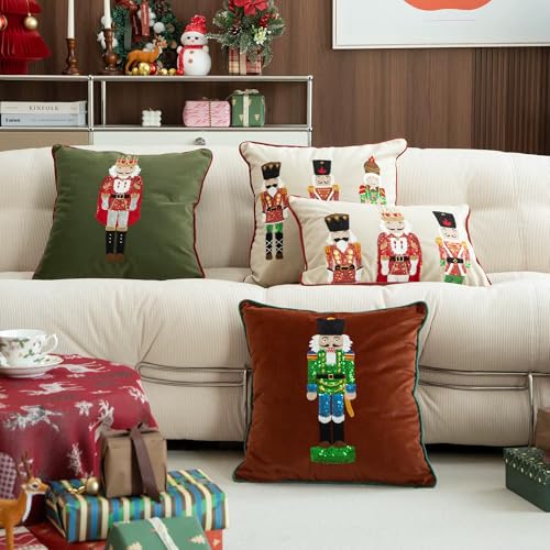 Nutcracker Christmas Pillow Cover - Embroidered Decorative Cushion, Beige, 18x18 Inches - Pack of 1