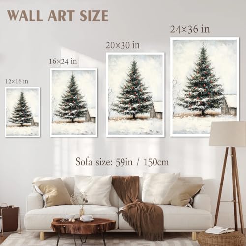 Annual Ring Christmas Canvas Wall Art Decor Large Snowy Tree Farmhouse Holiday Poster 16x12