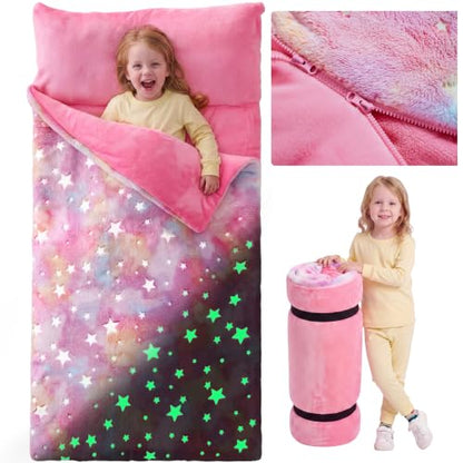 Kids Glow in The Dark Toddler Sleeping Bag with Pillow - Pink Stars, 66x33 Inches