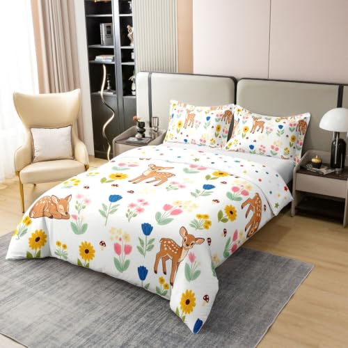 Colorful Botanical Deer Duvet Cover Set Queen with Zipper Closure - Butter Yellow & Saffron Amber Variation - 3 Pieces