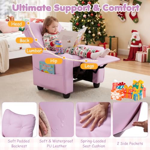 Kids Recliner Chair with Cup Holder & Storage Pockets - Pink