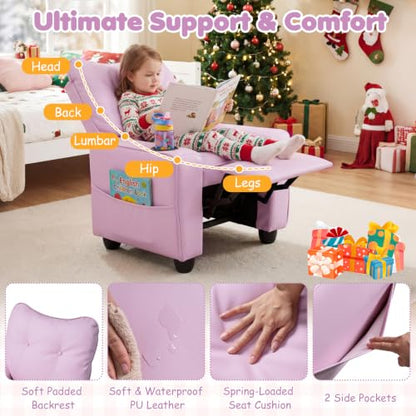 Kids Recliner Chair with Cup Holder & Storage Pockets - Pink