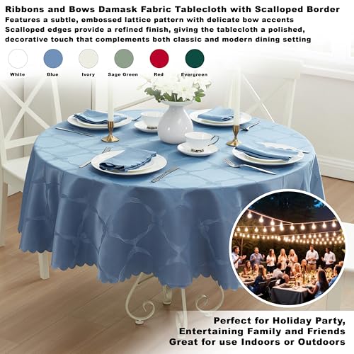 Round Blue Holiday Ribbons and Bows Tablecloth 70 Inch - Damask Fabric