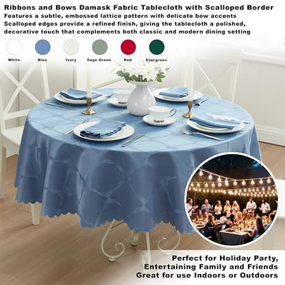 Round Blue Holiday Ribbons and Bows Tablecloth 70 Inch - Damask Fabric