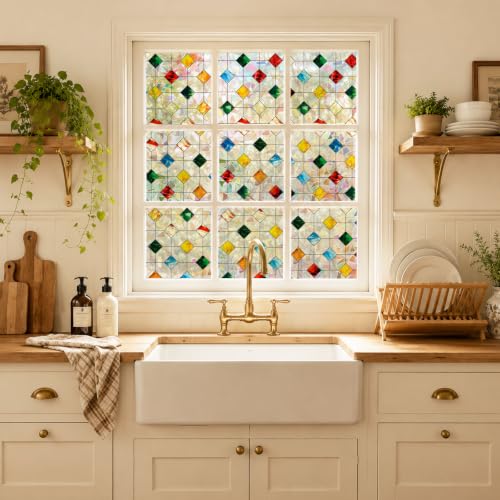 3D Stained Glass Window Privacy Film No‑Glue Static Cling with Installation Tools - Square Gem 17.5 x 78.7 Inch