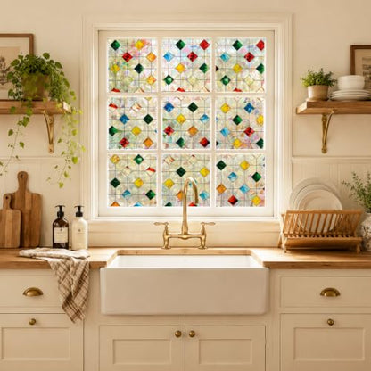 3D Stained Glass Window Privacy Film No‑Glue Static Cling with Installation Tools - Square Gem 17.5 x 78.7 Inch