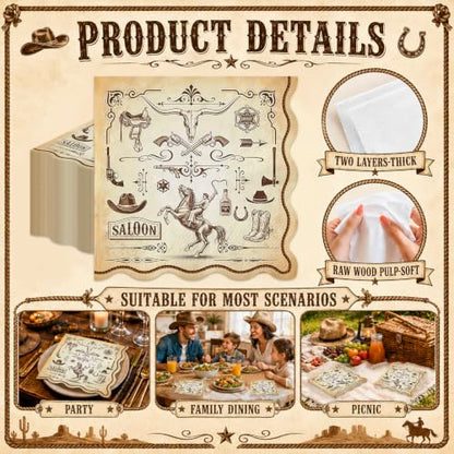 Western Cowboy Cocktail Paper Napkins with Scalloped Edges - 50 Pack